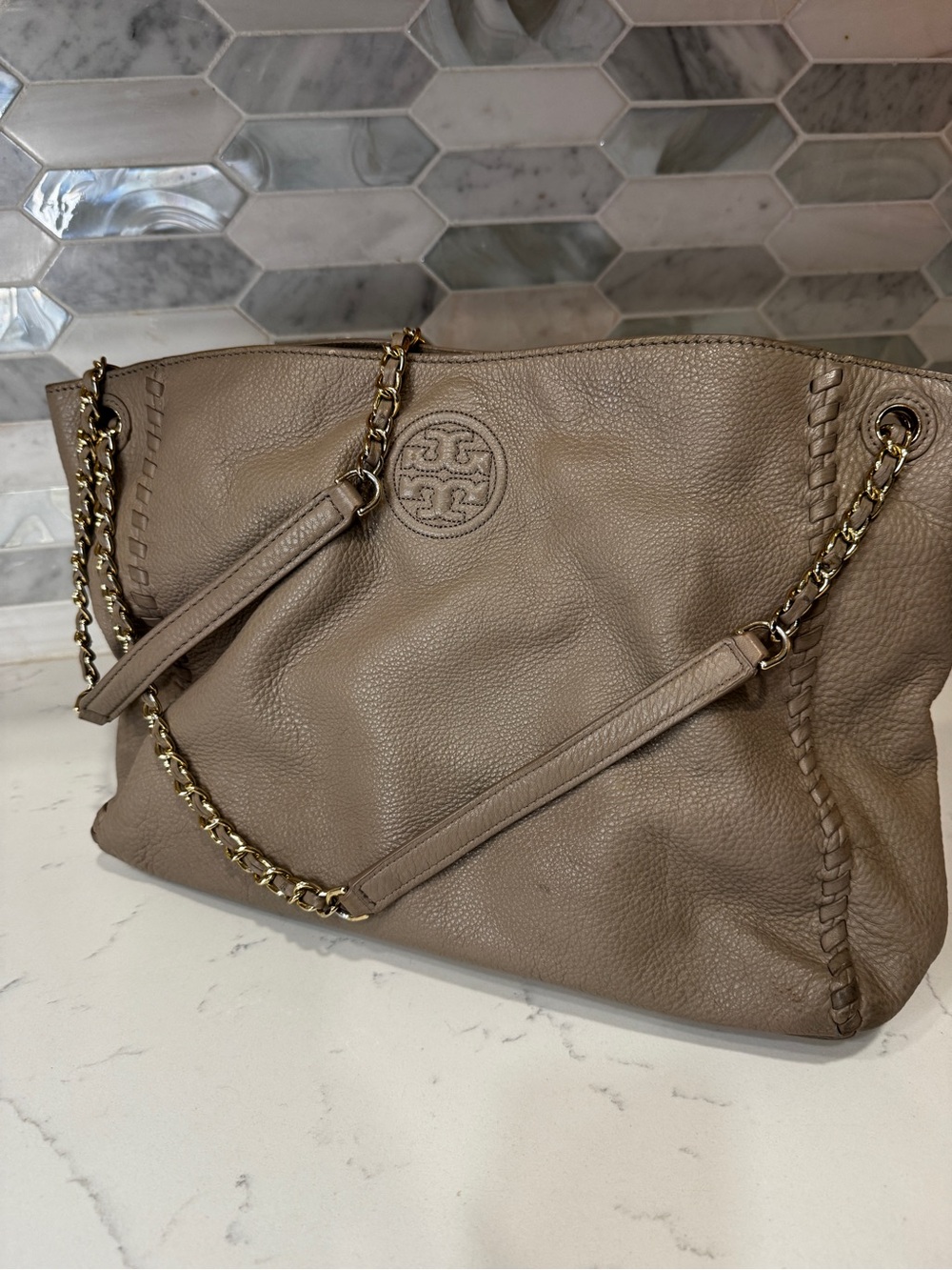 Tory Burch Marion Whipstitch Chain Tote in Taupe